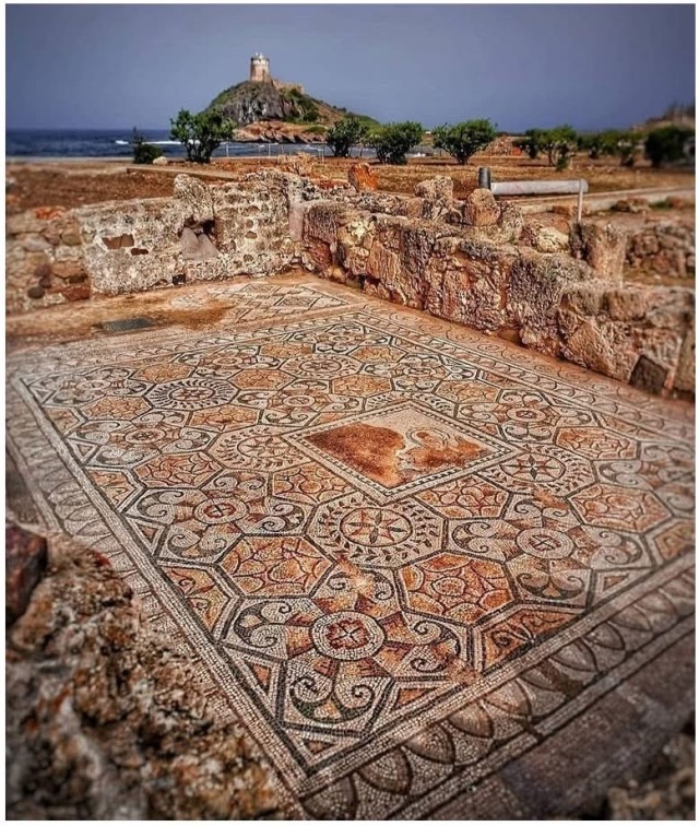 Roman mosaic, House of the Tetrastyle, Pula Archaeological Park, Nora, Sardinia.