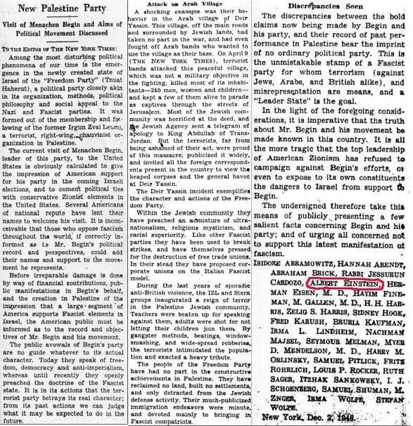 La deriva autoritaria di Israele prevista nel 1948 da Albert Einstein e Hannah Arendt